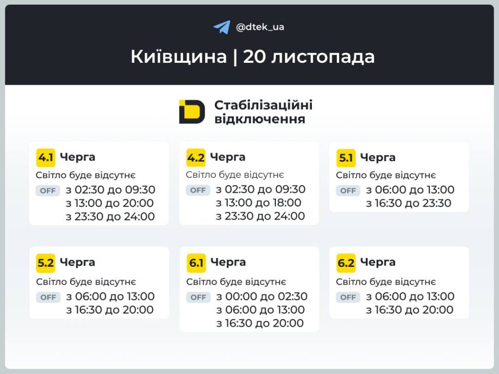 Графік відключень світла від ДТЕК для околиць на 20 листопада 4.1 — 6.2 черги