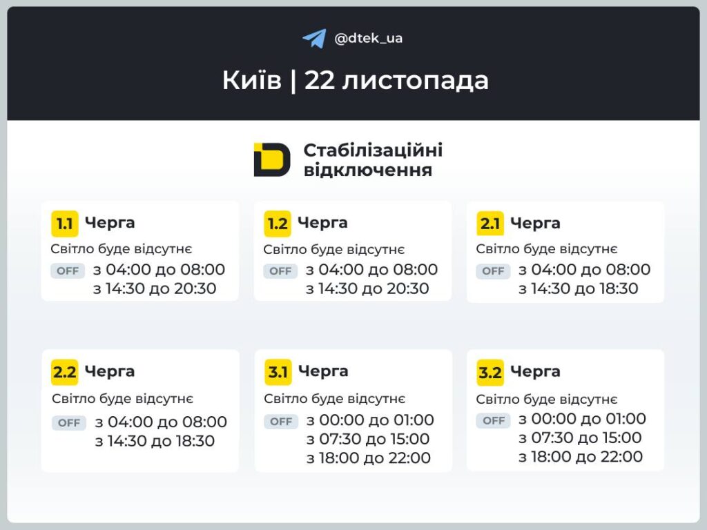 Графік відключень світла від ДТЕК для Києва на 20 листопада 1.1 — 3.2 черги
