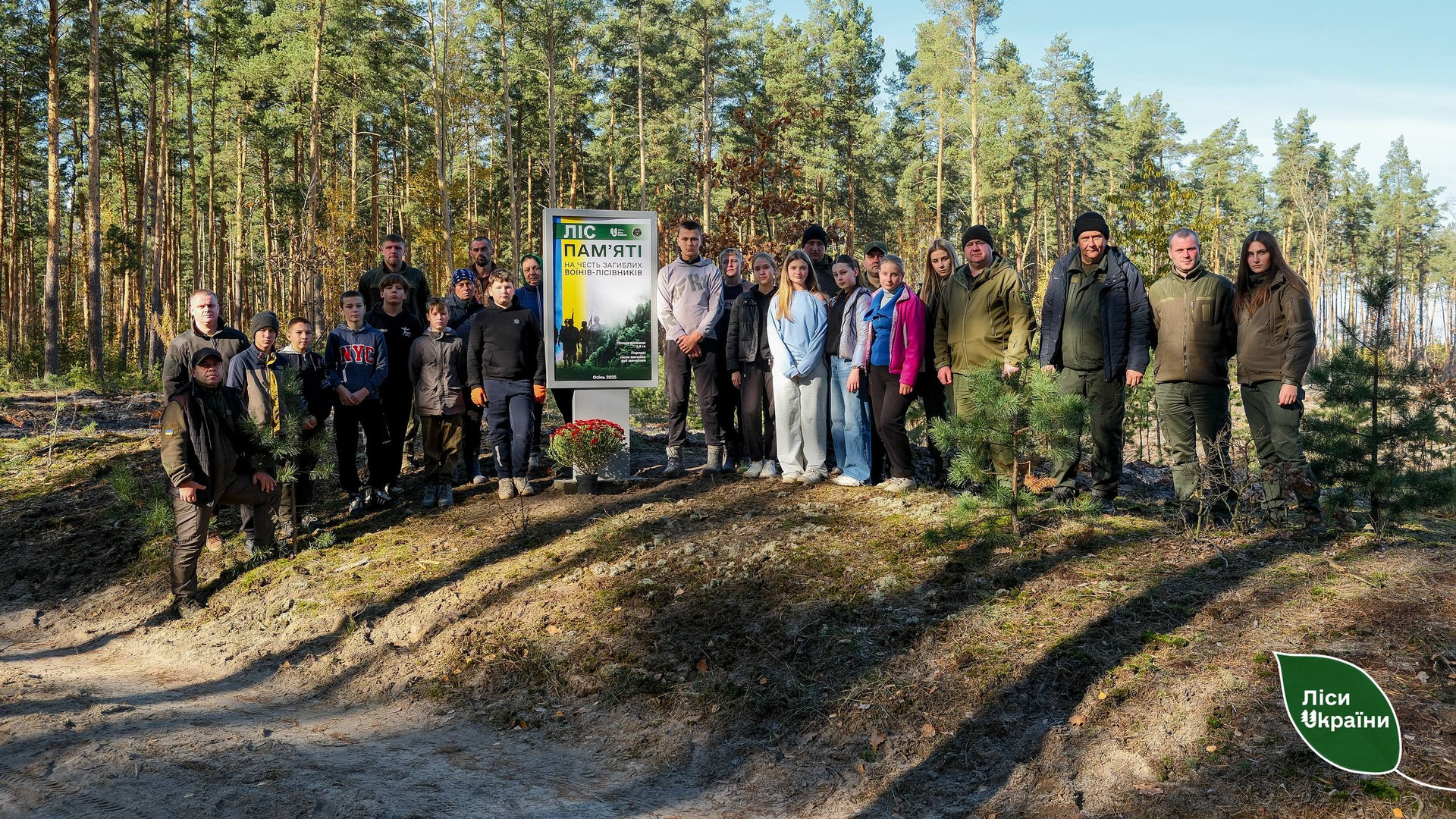 Команда, яка висаджувала ялинки в лісі зібралась для спільного фото на фоні висаджених ялинок