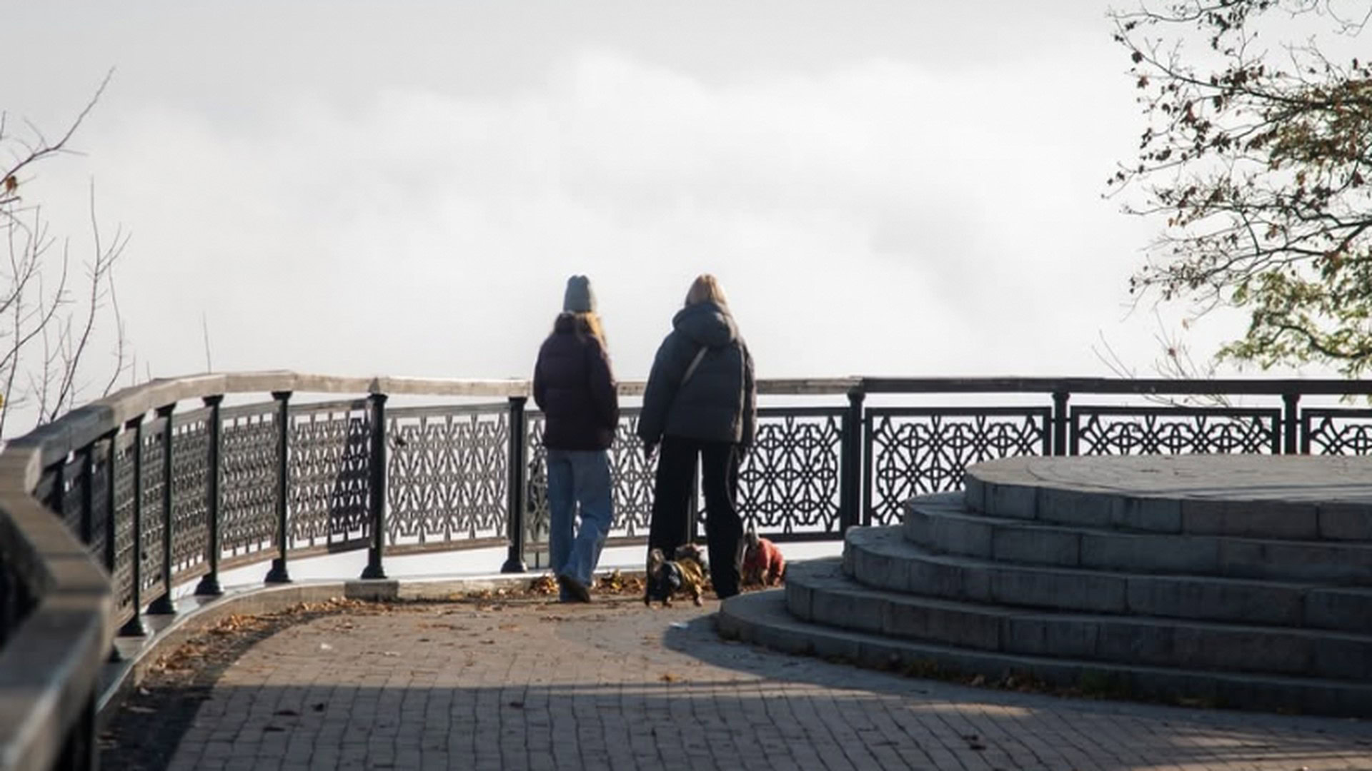 Дві дівчини стоять на оглядовому майданчику в Києві і дивляться на туман