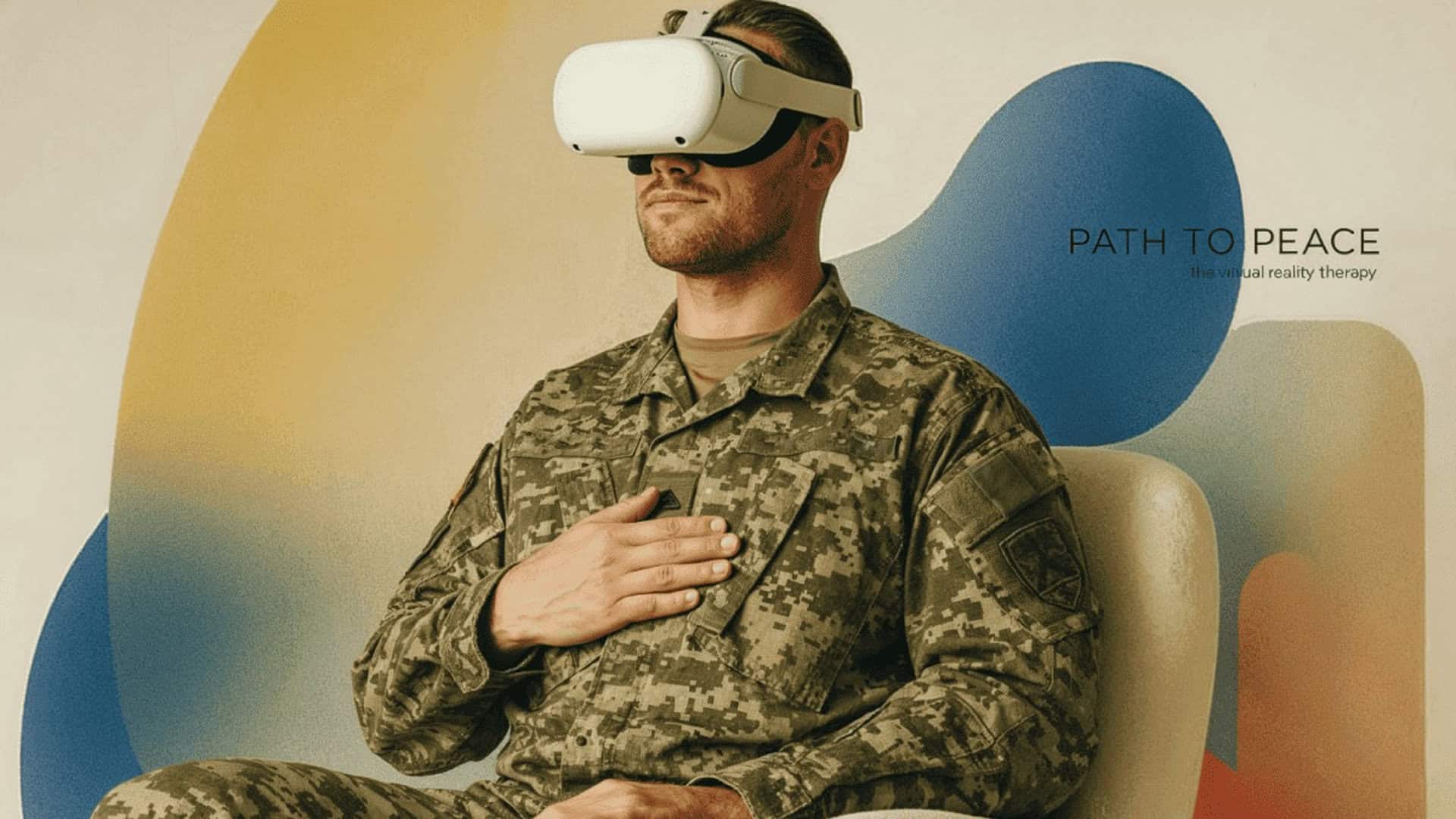 Військовий у формі та VR-окулярах сидить, тримаючи руку на грудях