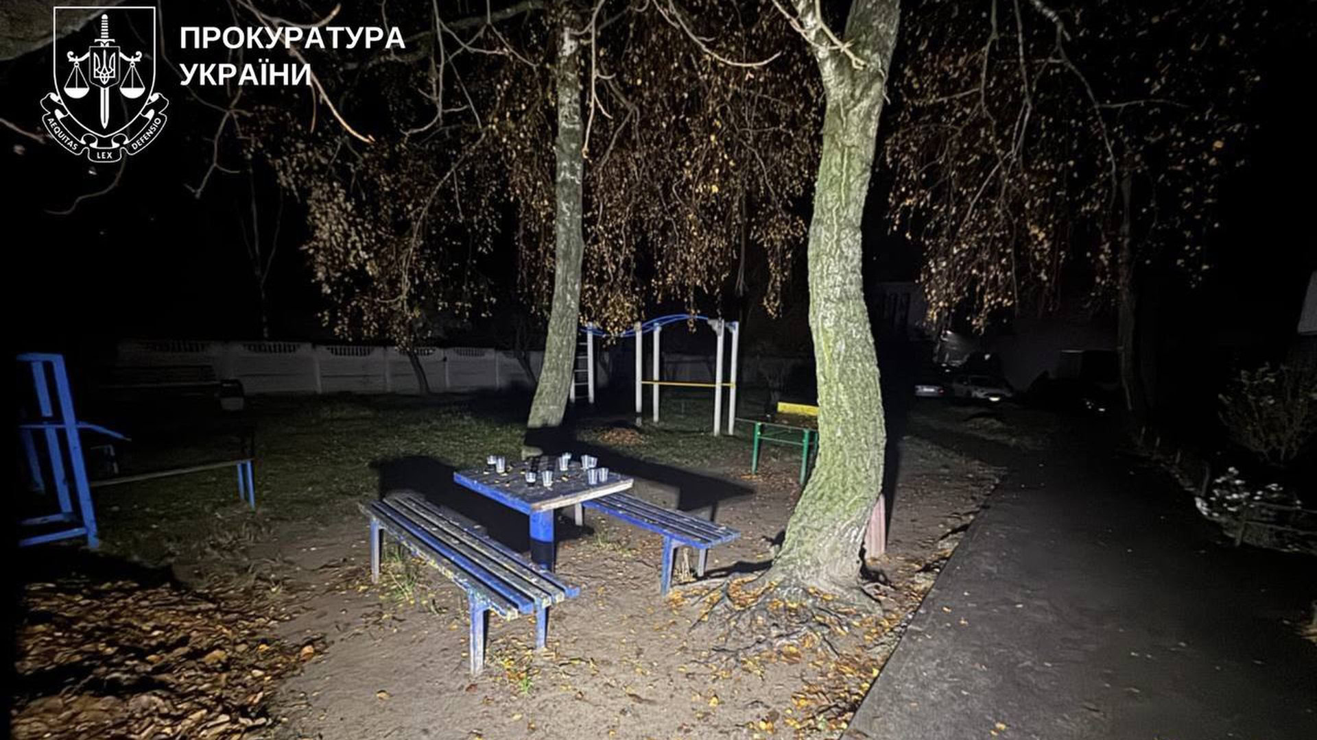 Нічна вулиця, стіл і дерева з дитячим майданчиком