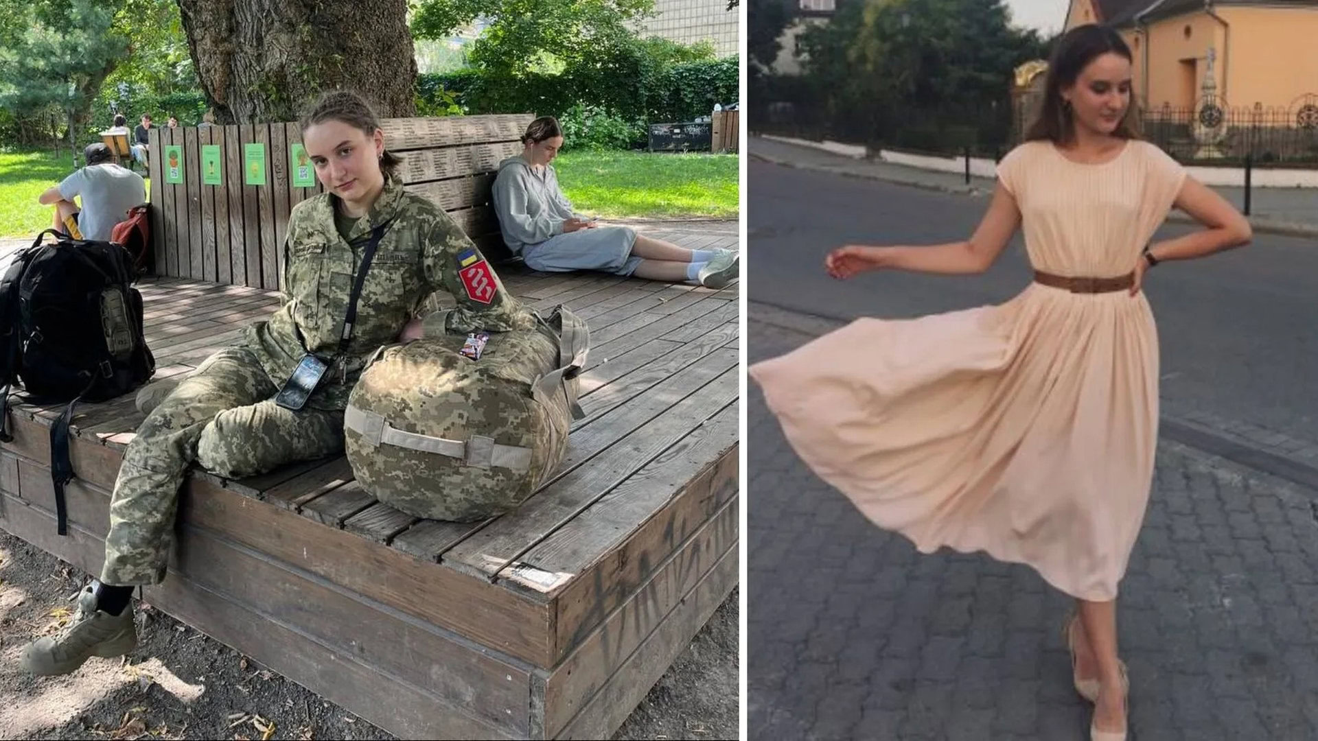 Фотоколаж: Ярина Квасній у військовій формі, а поряд вона ж у рожевій сукні