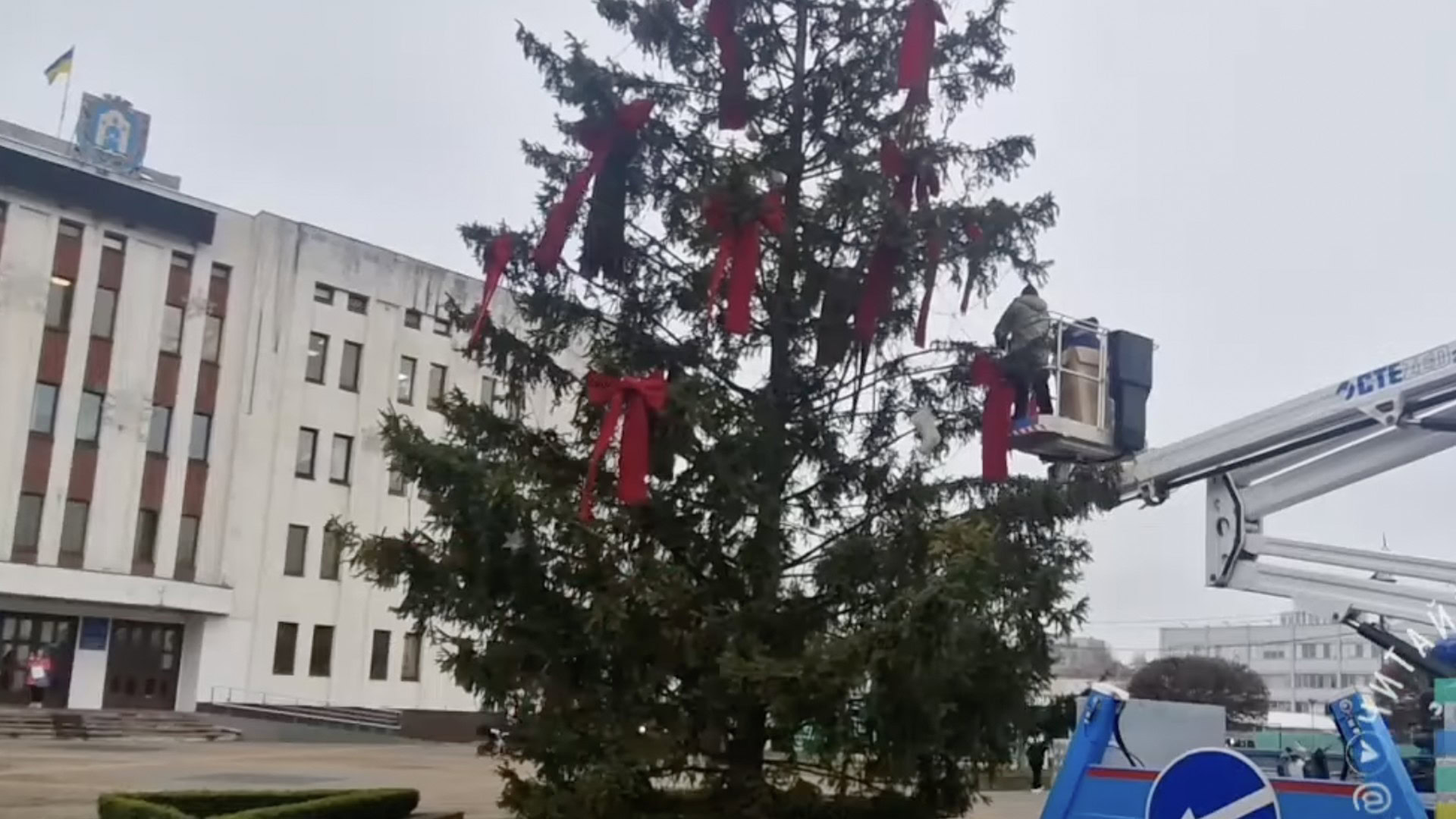 Ялинка в Броварах прикрашена червоними банттами