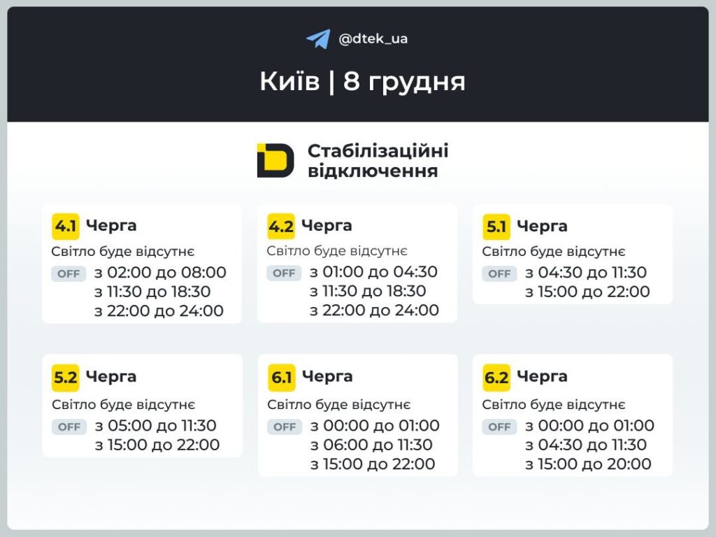 Графік відключень світла від ДТЕК для Києва на 8 грудня 4.1 — 6.2 черги