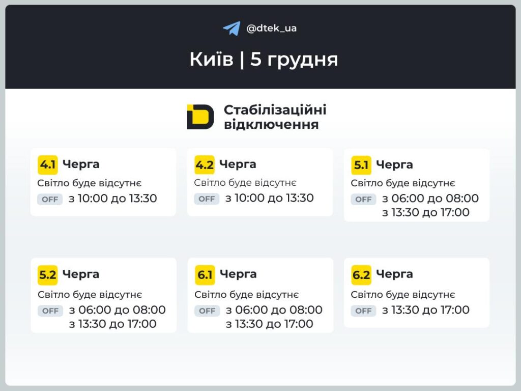 Графіки на 5 грудня: ДТЕК оприлюднив розклад для Києва та області Графік відключень світла в табличці на 5 грудня