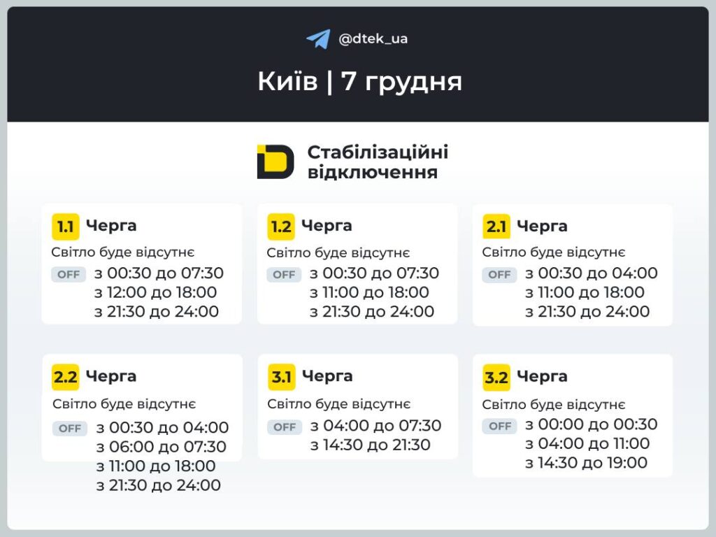 У Києві світло вимикатимуть до 16,5 годин на добу: нові графіки ДТЕК Графіки відключень світла
