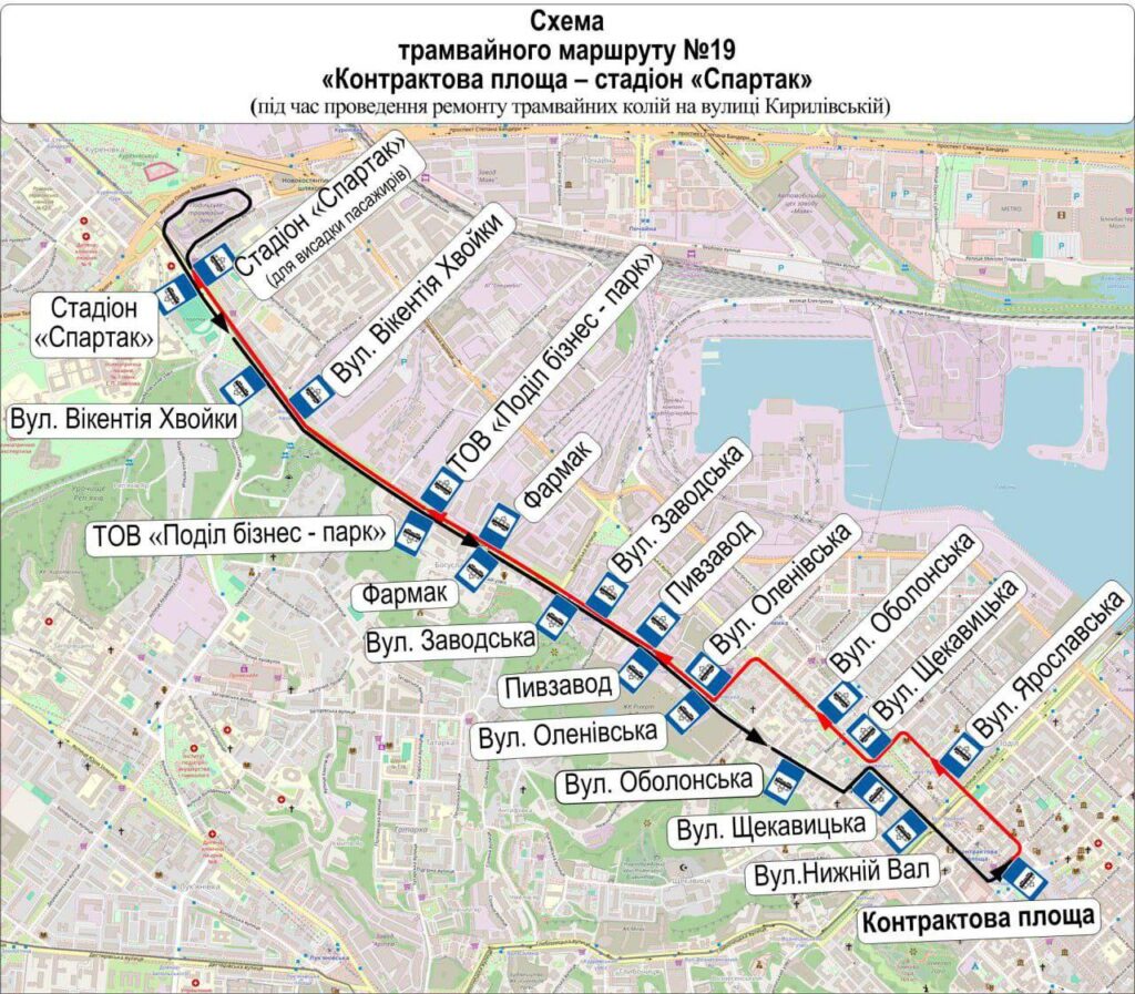 Схема маршруту транспорту на карті Києва