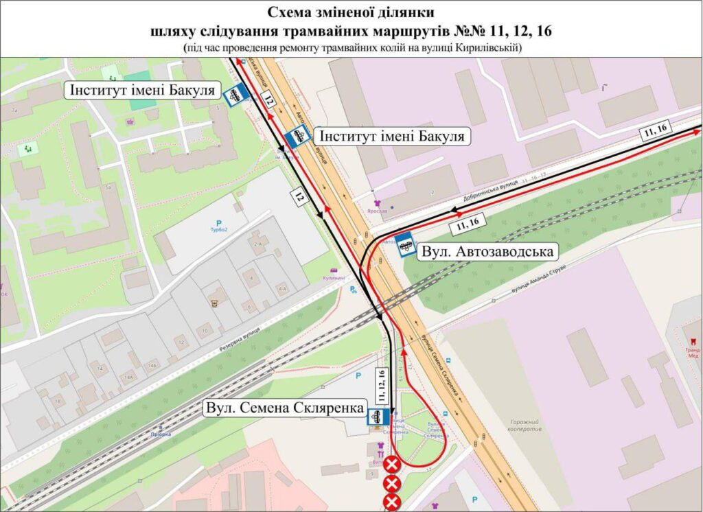 Схема маршруту транспорту на карті Києва