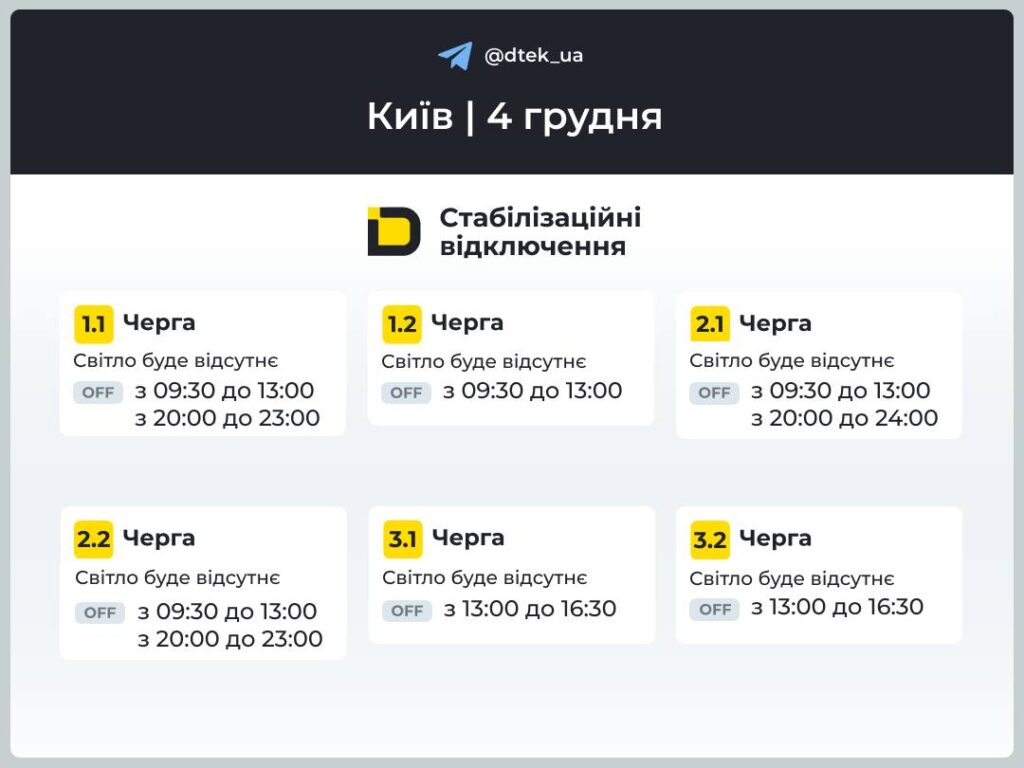 Графік відключень світла від ДТЕК для Києва на 4 грудня 1.1 — 3.2 черги