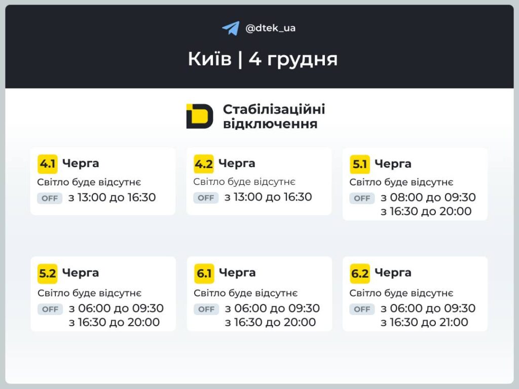 Графік відключень світла від ДТЕК для Києва на 4 грудня 4.1 — 6.2 черги