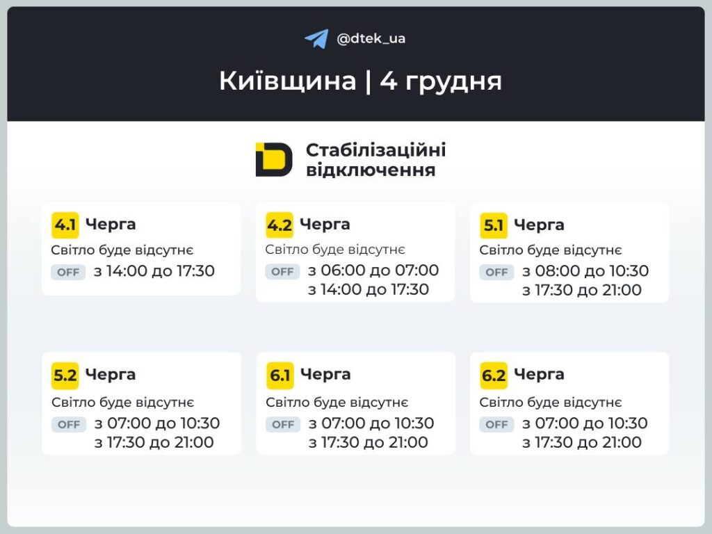 Графік відключень світла від ДТЕК для Київщини на 4 грудня 4.1 — 6.2 черги
