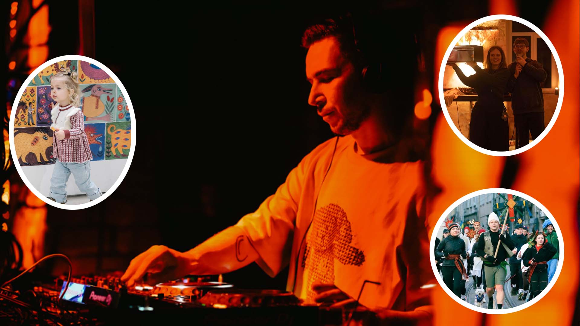 Колаж фото - Діджей на головному фото, маленька дівчинка, два ведучі (хлопець і дівчина), група людей на марші