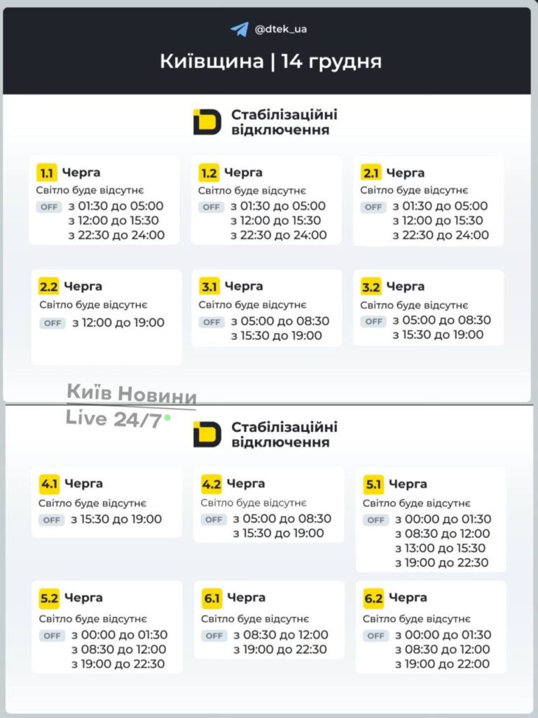 Київ без світла 14 грудня: графіки на 12 черг Київ без світла 14 грудня: графіки на 12 черг