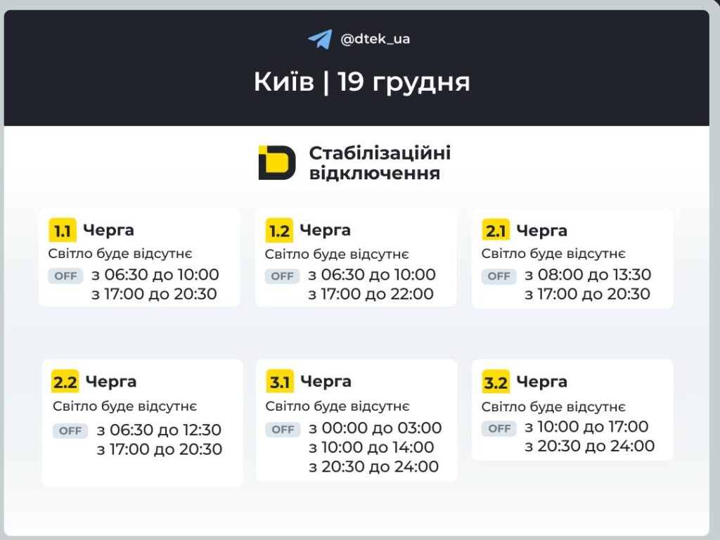 Київ і Київщина: графіки відключень світла на 19 грудня