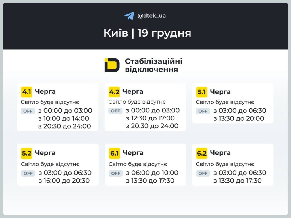 Київ і Київщина: графіки відключень світла на 19 грудня
