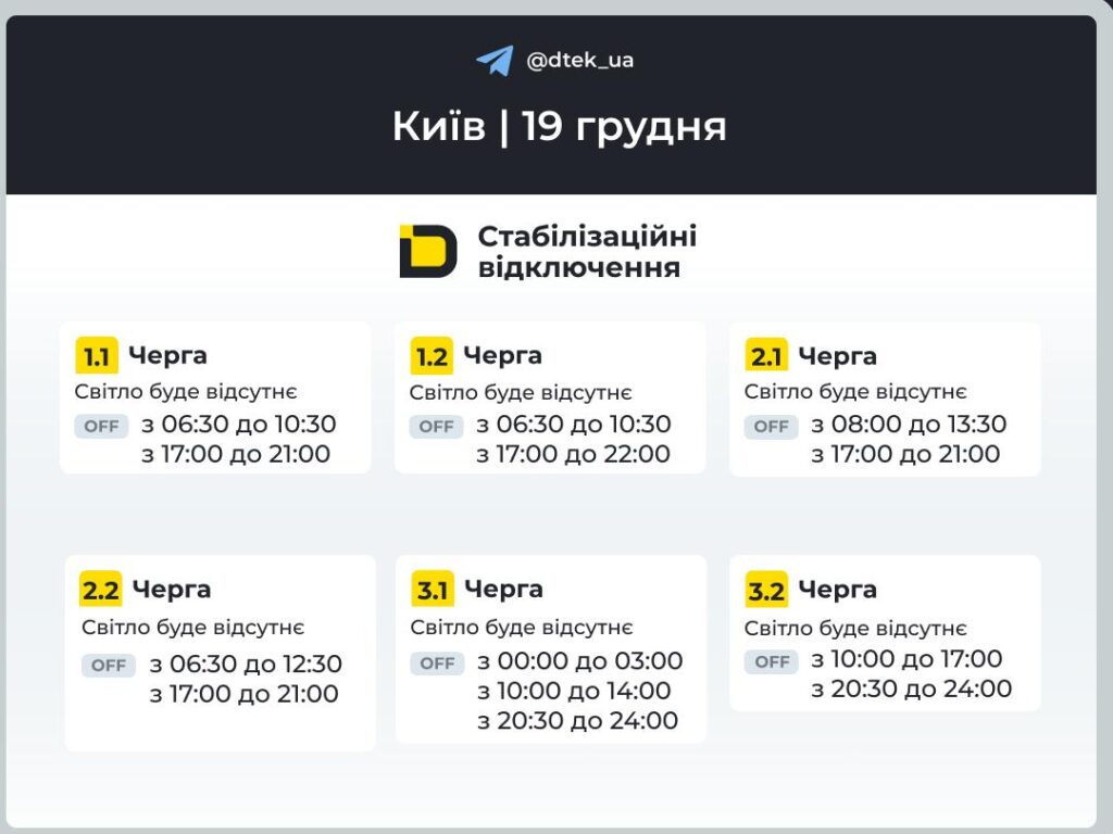 Київ: оновлені графіки на 19 грудня — деяким чергам додали 3,5 години без світла Київ: оновлені графіки на 19 грудня — деяким чергам додали 3,5 години без світла