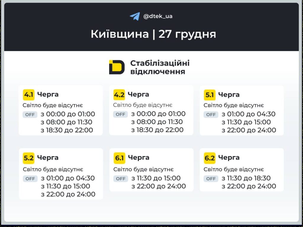 Київ без світла 27 грудня: графіки на всі 6 черг