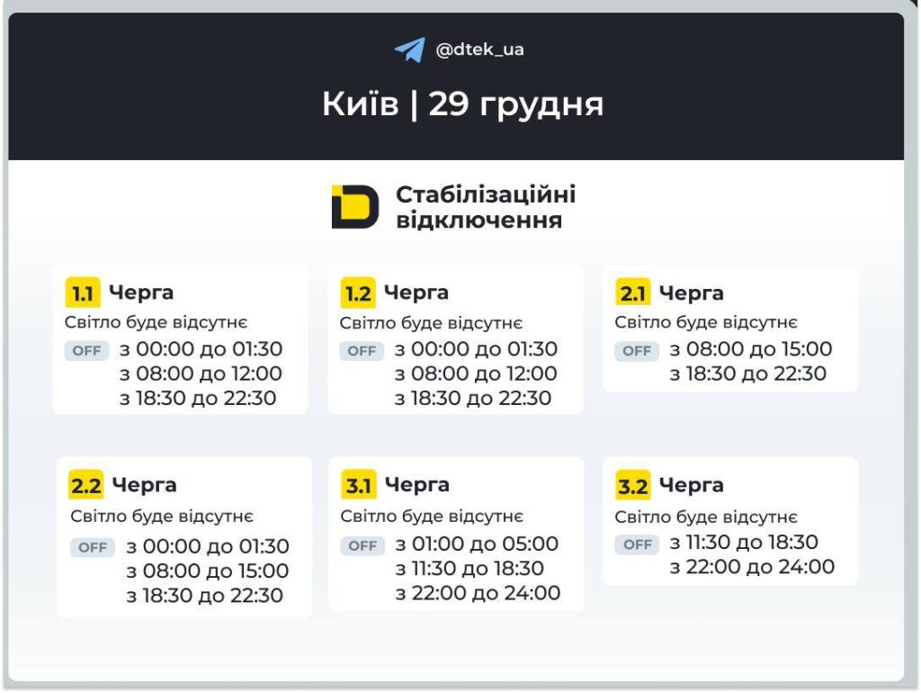 Правий берег Києва: графіки відключень 29 грудня
