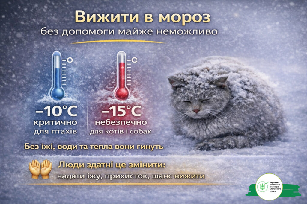 Зимові морози – смертельна загроза для безпритульних собак, котів і птахів, попереджає Державна екологічна інспекція Столичного округу