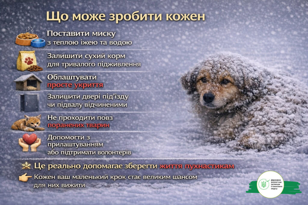 Зимові морози – смертельна загроза для безпритульних собак, котів і птахів, попереджає Державна екологічна інспекція Столичного округу