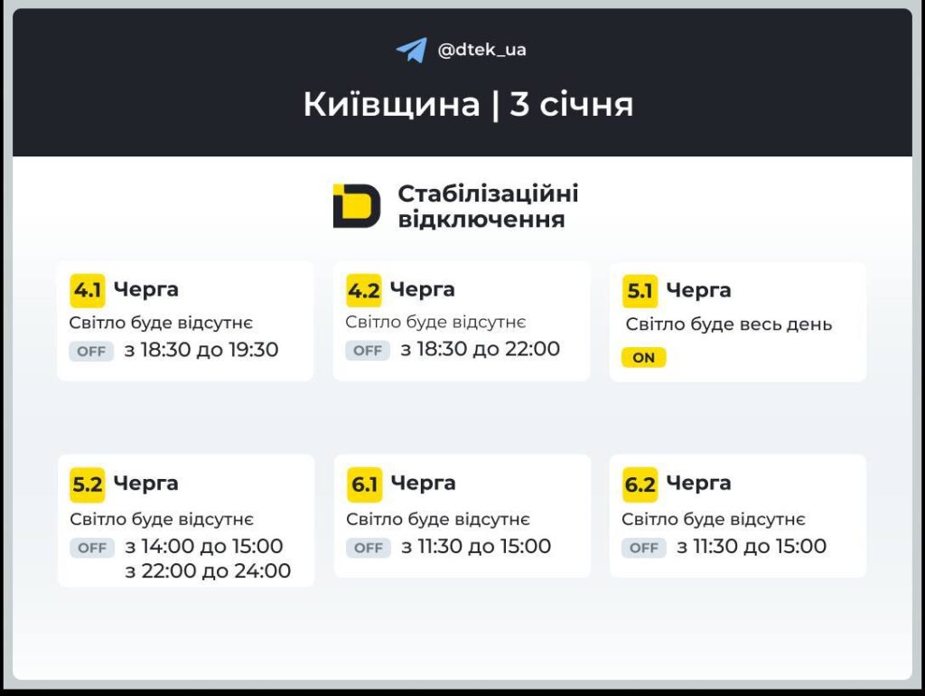 Графіки відключень на 3 січня: деталі від ДТЕК Графіки відключень на 3 січня: деталі від ДТЕК