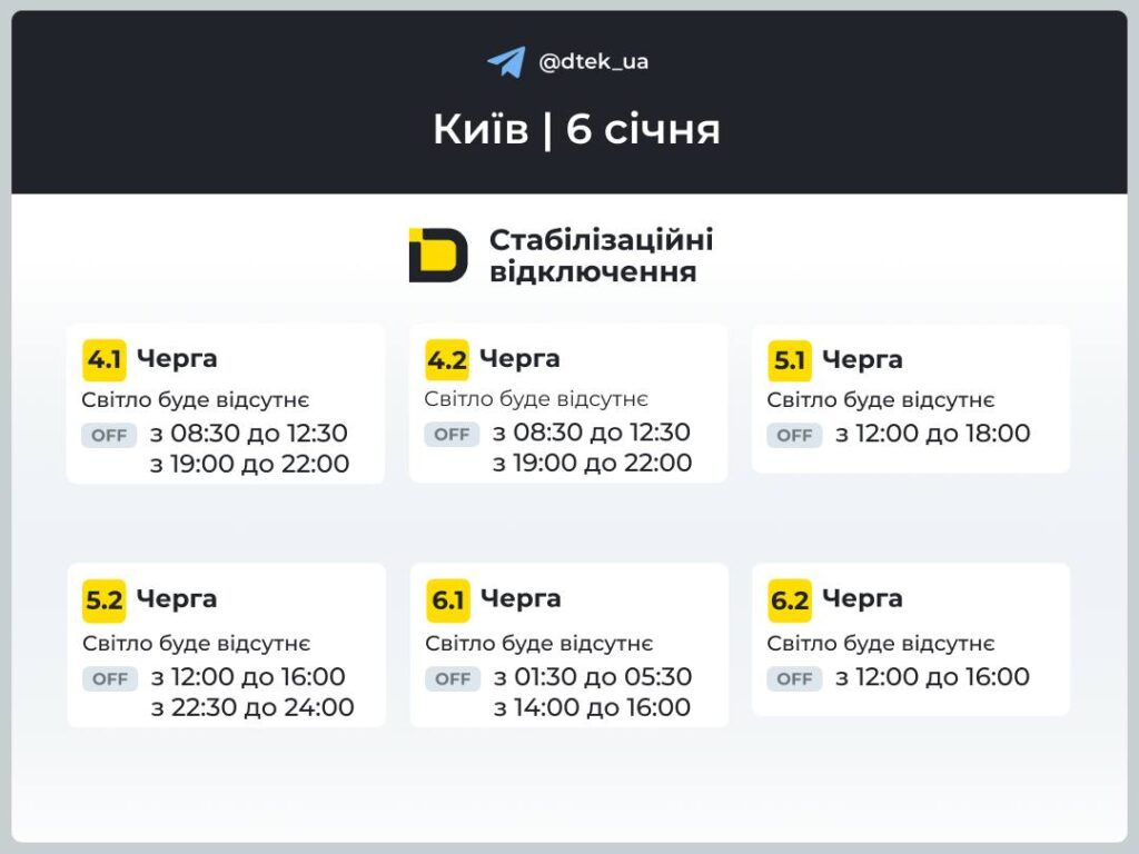 Київ і Київщина: графіки відключень світла на 6 січня, скасовано екстрені відключення на лівому березі Київ і Київщина: графіки відключень світла на 6 січня, скасовано екстрені відключення на лівому березі
