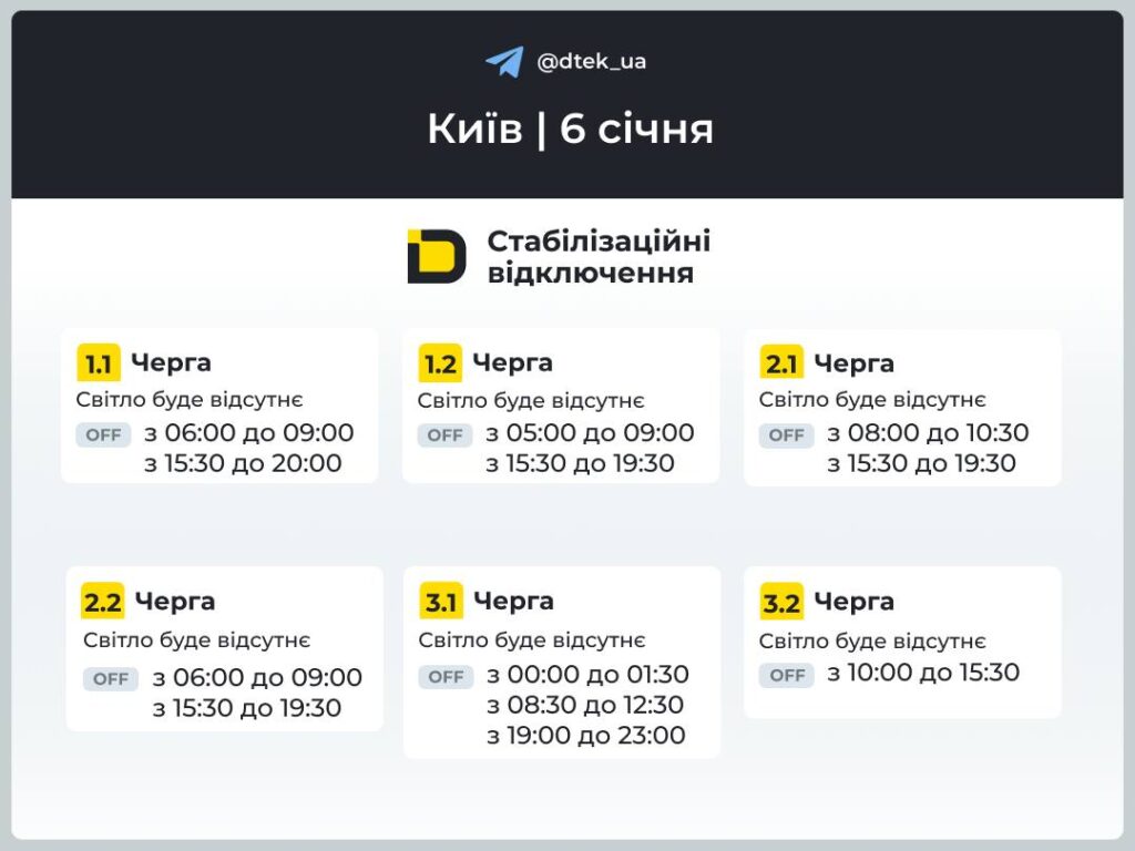 Київ і Київщина: графіки відключень світла на 6 січня, скасовано екстрені відключення на лівому березі Київ і Київщина: графіки відключень світла на 6 січня, скасовано екстрені відключення на лівому березі