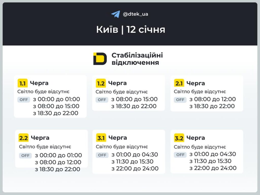 Графіки відключень світла в Києві та Київщині на 12 січня: коли не буде електроенергії