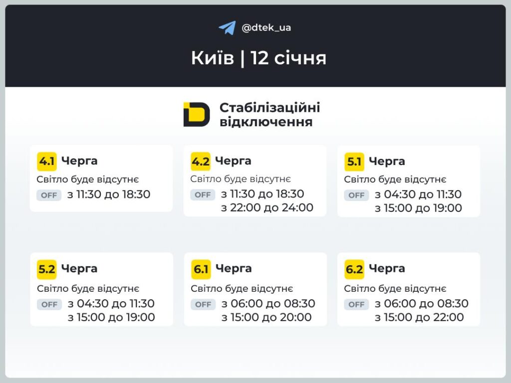 Графіки відключень світла в Києві та Київщині на 12 січня: коли не буде електроенергії