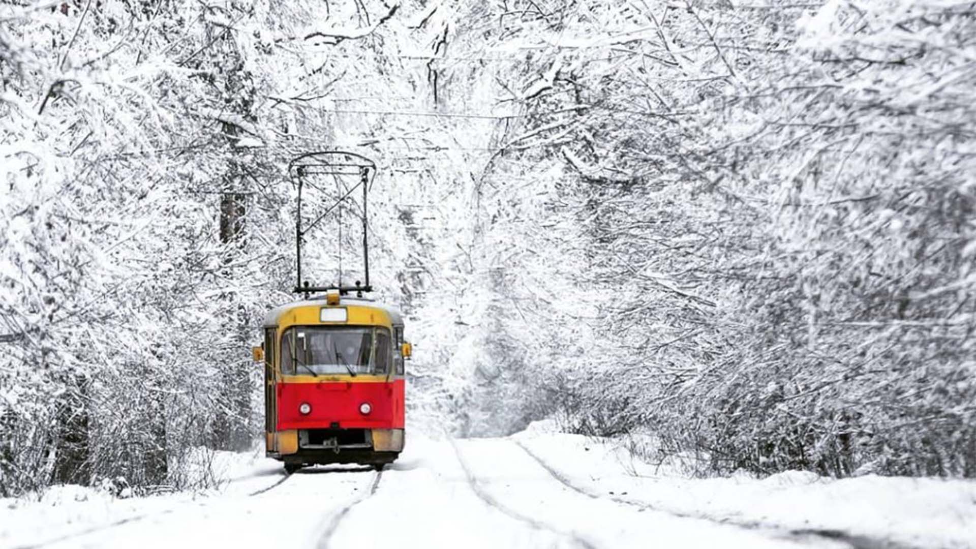Трамвай їде лісовою трасою Пущі-Водиці в снігову погоду, колії потребують ремонту