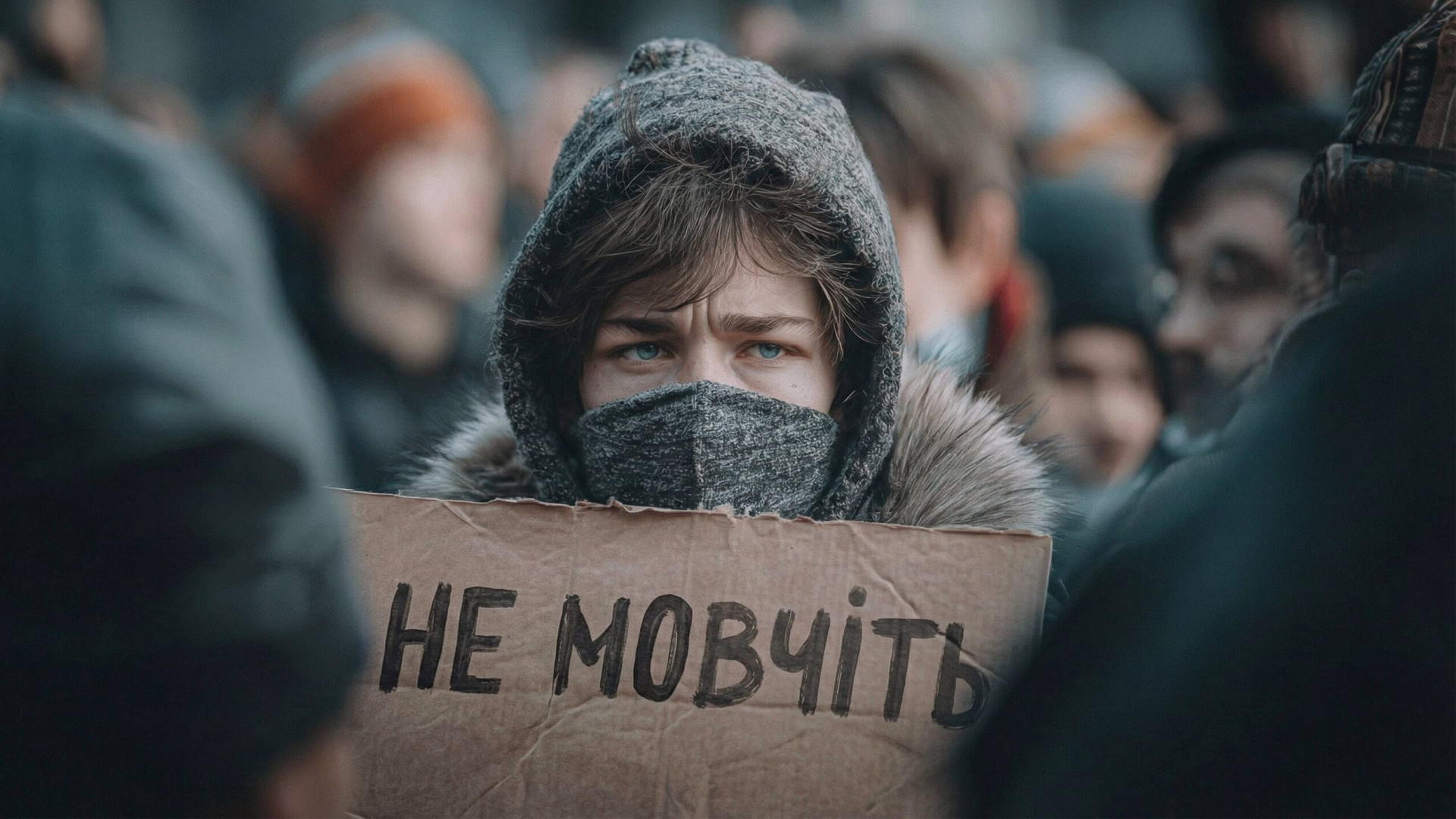 Молода жінка з картонним плакатом «Не мовчіть»