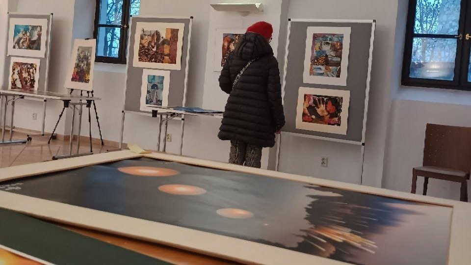 Відвідувачка виставки розглядає картини