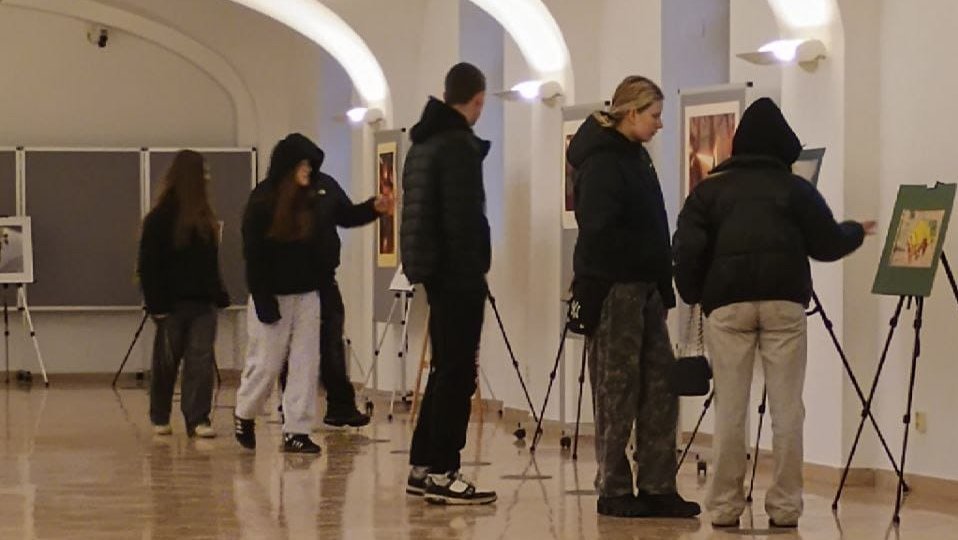 Група відвідувачів оглядають картини