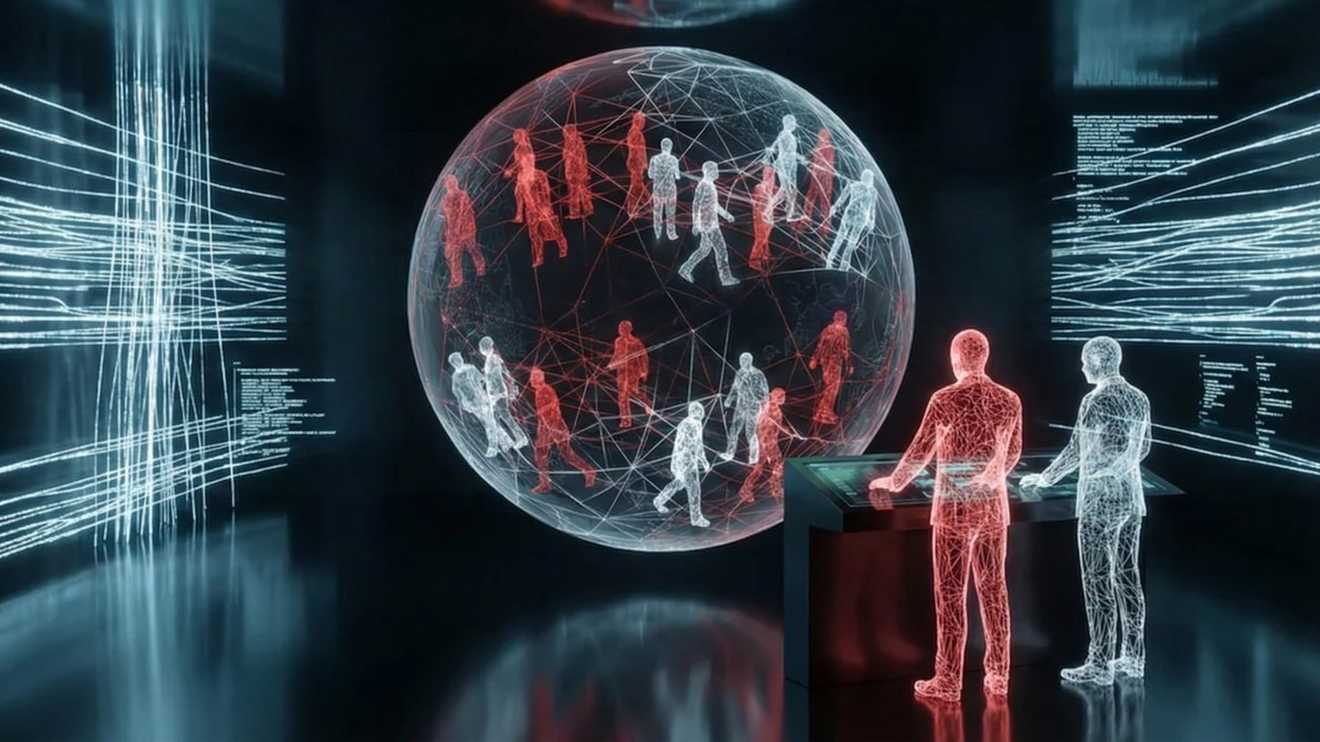 Цифрові фігури людей усередині прозорої сфери, з’єднані мережею ліній, двоє спостерігачів біля інтерактивної панелі — візуалізація симуляції людської поведінки