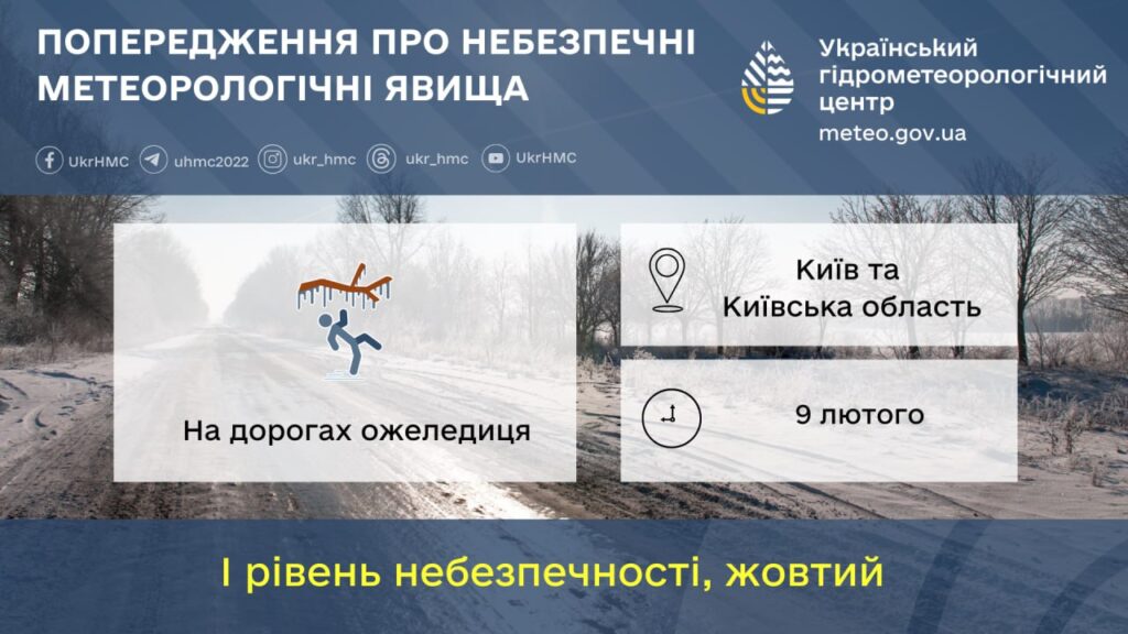 Попередження про небезпечні метеорологічні явища по території Київщини та м.Київ, Хмарно з проясненнями. Без опадів, На дорогах ожеледиця, I рівень небезпечності, жовтий
