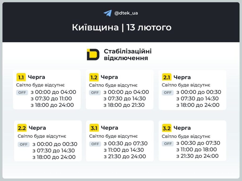 Київ і Київщина: графіки відключень 13 лютого