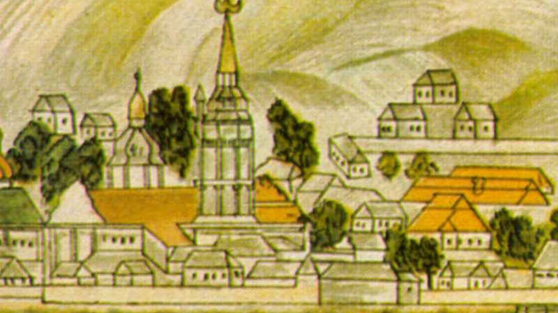 Стара гравюра із зображенням Київської ратуші на Подолі з 30-метровою вежею, XVIII ст.