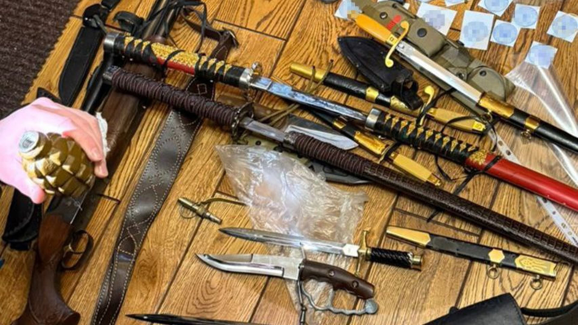 Вилучені під час обшуку мечі, ножі, граната та інші предмети поряд з підробленими посвідченнями СБУ