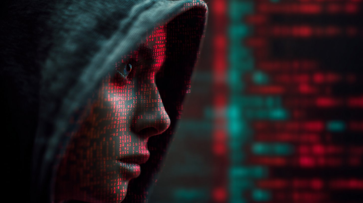Хакер у капюшоні на тлі червоного та зеленого програмного коду