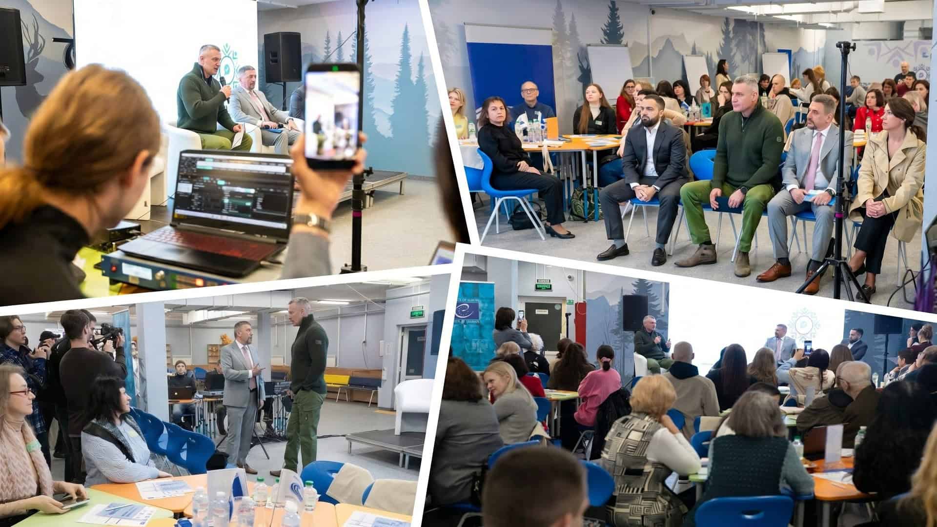 Учасники громадської асамблеї щодо підтримки ветеранів та їхніх сімей в Оболонському районі Києва 18 квітня 2026 року