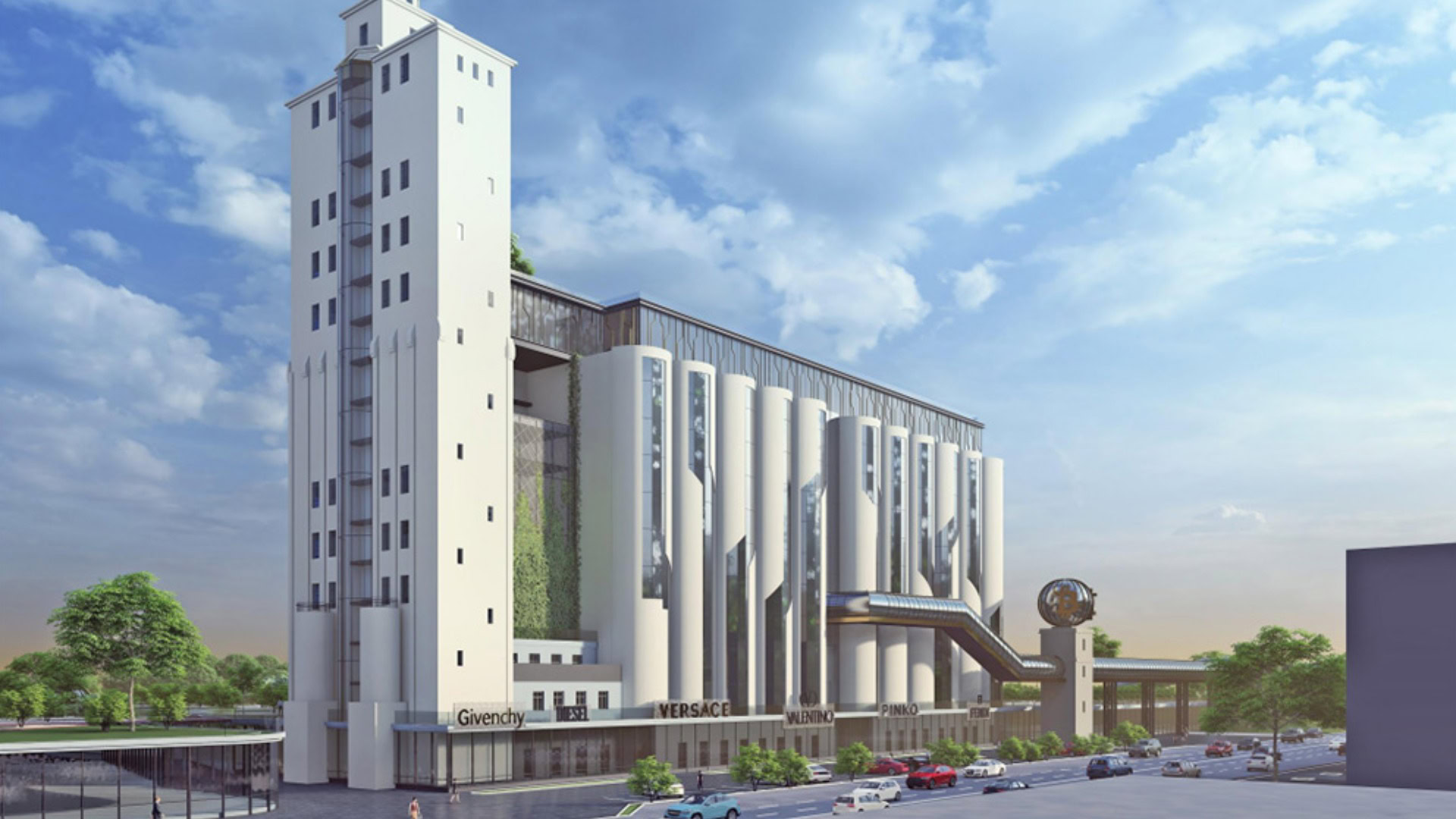 Візуалізація проєкту реконструкції елеватора на Набережно-Хрещатицькій у Києві під торгово-офісний комплекс з люксовими брендами