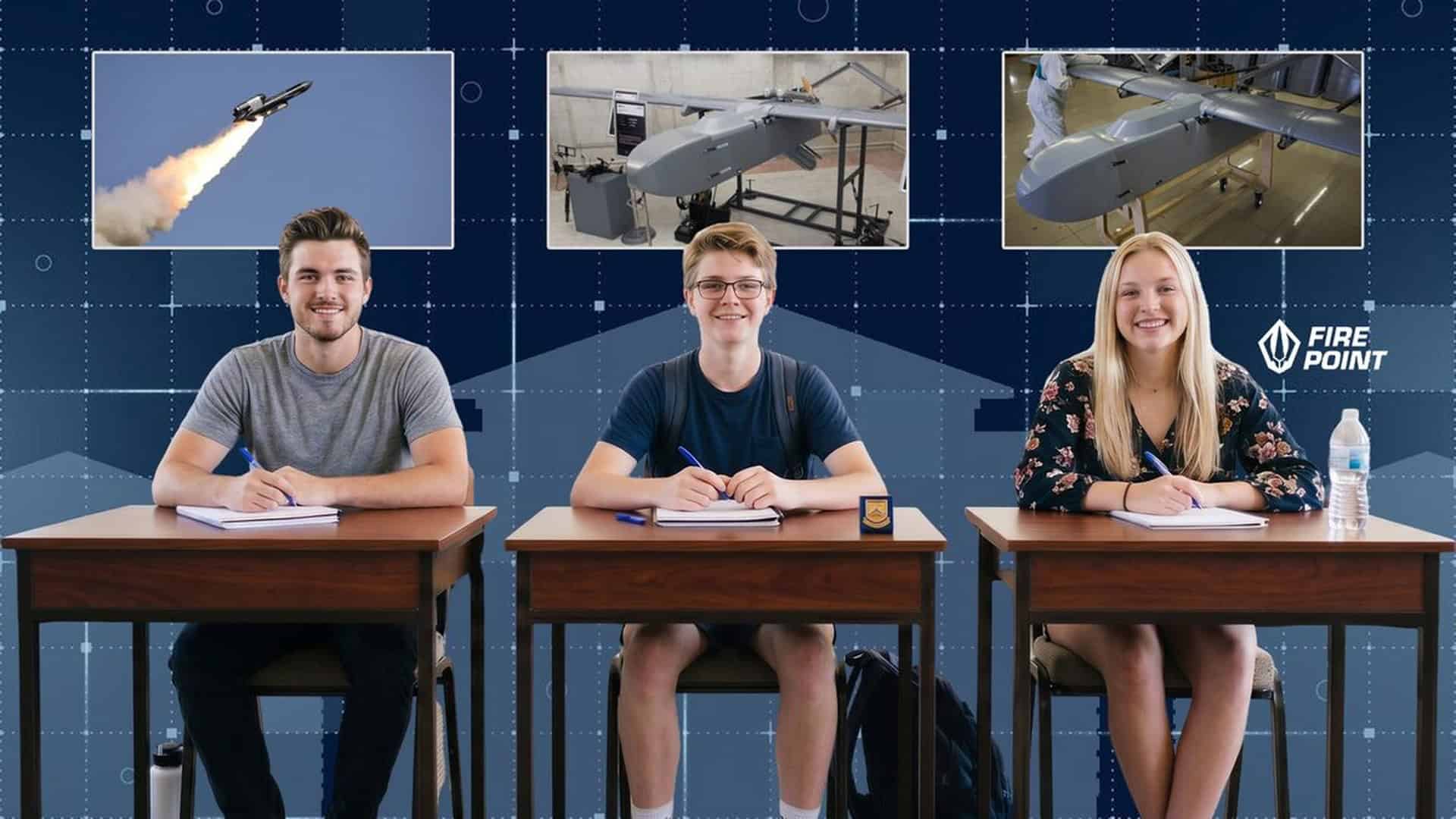 Студенти за партами на тлі макетів ракети та безпілотників — ілюстрація до бакалаврської програми Fire Point і KSE з інжинірингу інноваційного виробництва