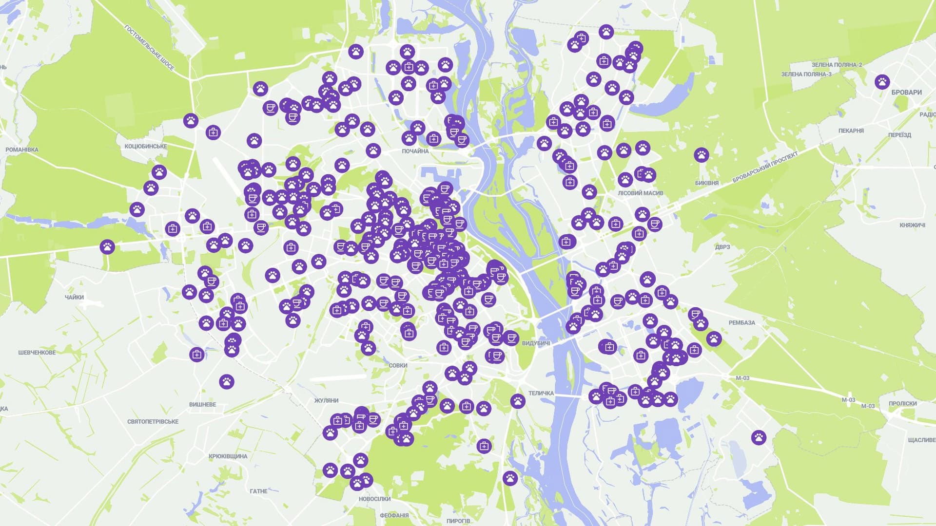 Скріншот пет-френді мапи Києва на сайті ЛУН з фіолетовими позначками 450 локацій для прогулянок з тваринами — майданчики для вигулу, кафе та ветеринарні клініки