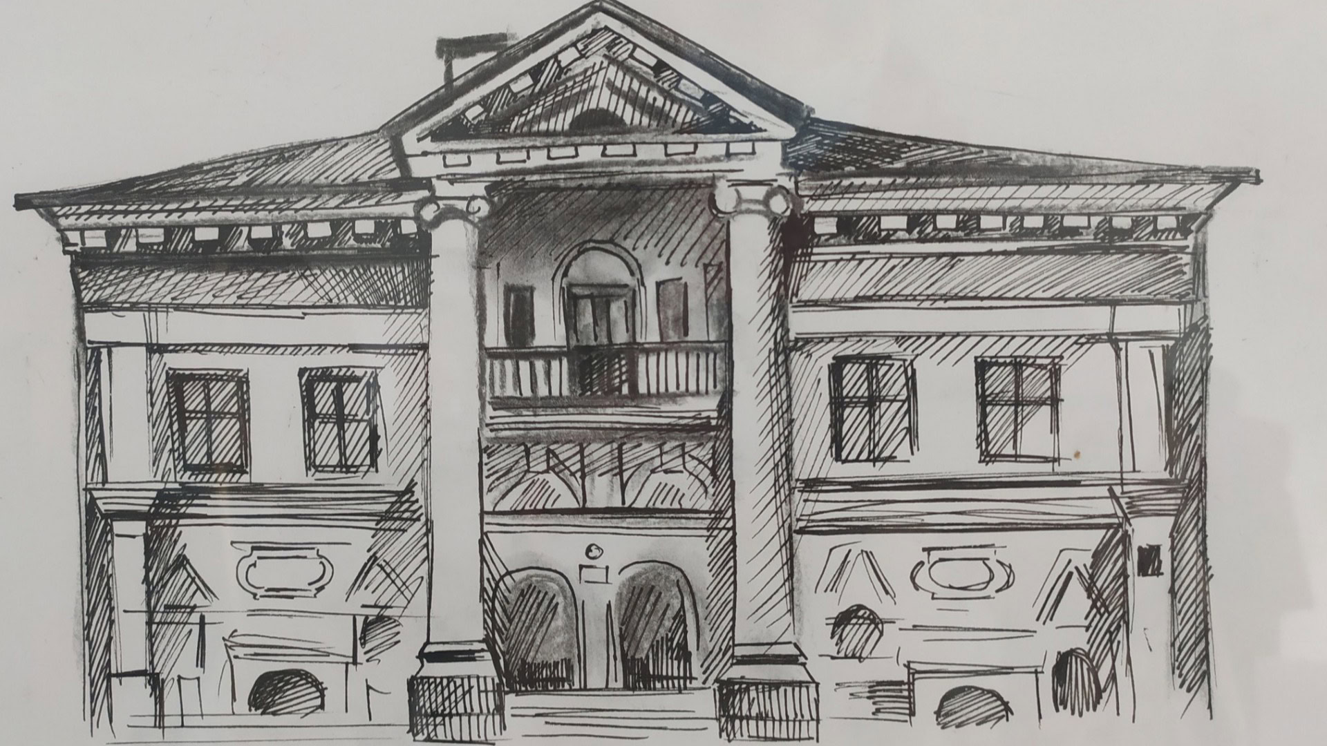 Графічний малюнок будівлі Музею Гетьманства на Подолі, відомої як будинок Мазепи, виконаний чорним тушшю