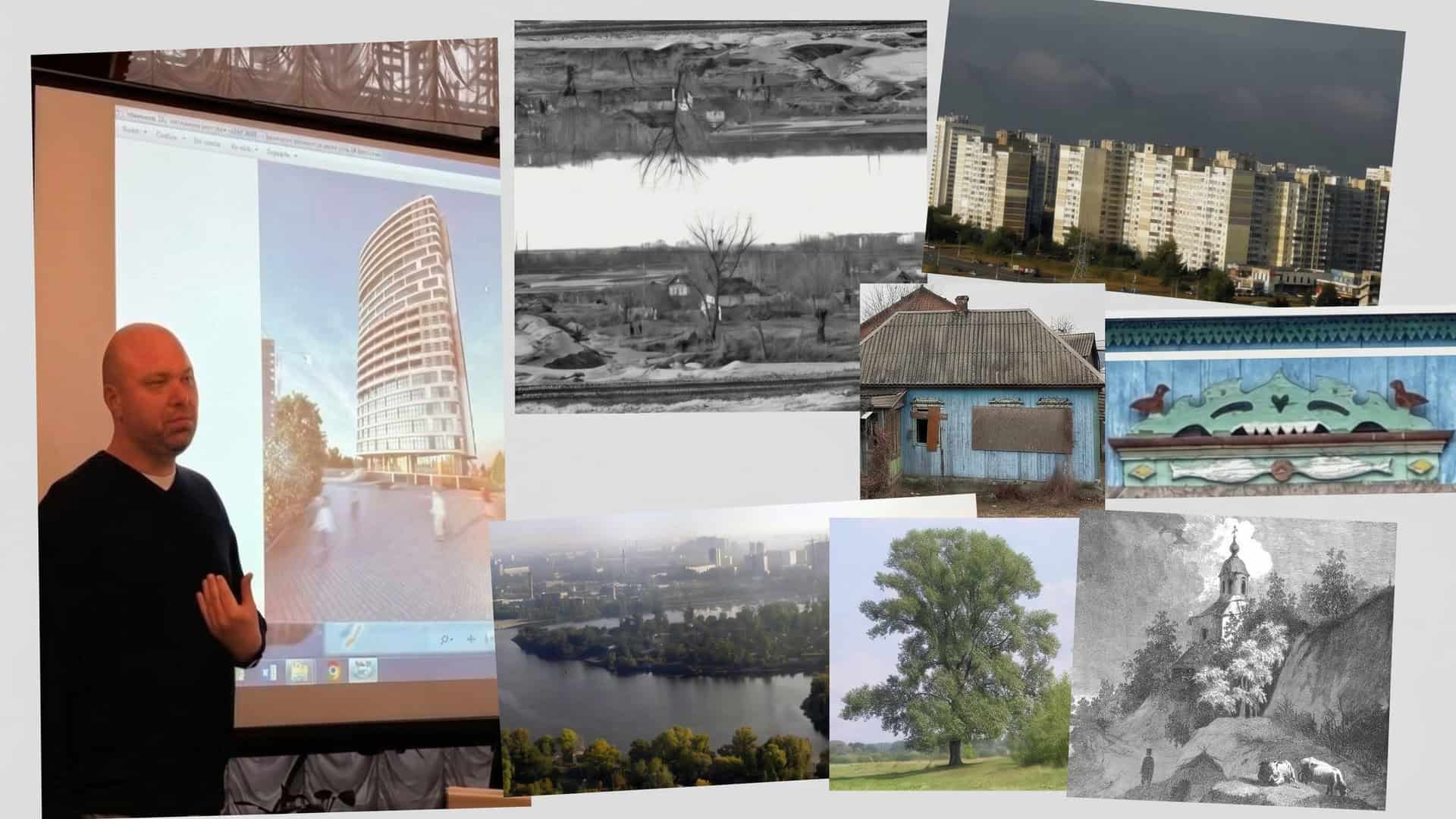 Активіст показує проєкт 24-поверхового хмарочоса на місці дерев'яної садиби XIX ст. на вулиці Завальній в Осокорках Києва — колаж із фото садиби та历史 місцевості