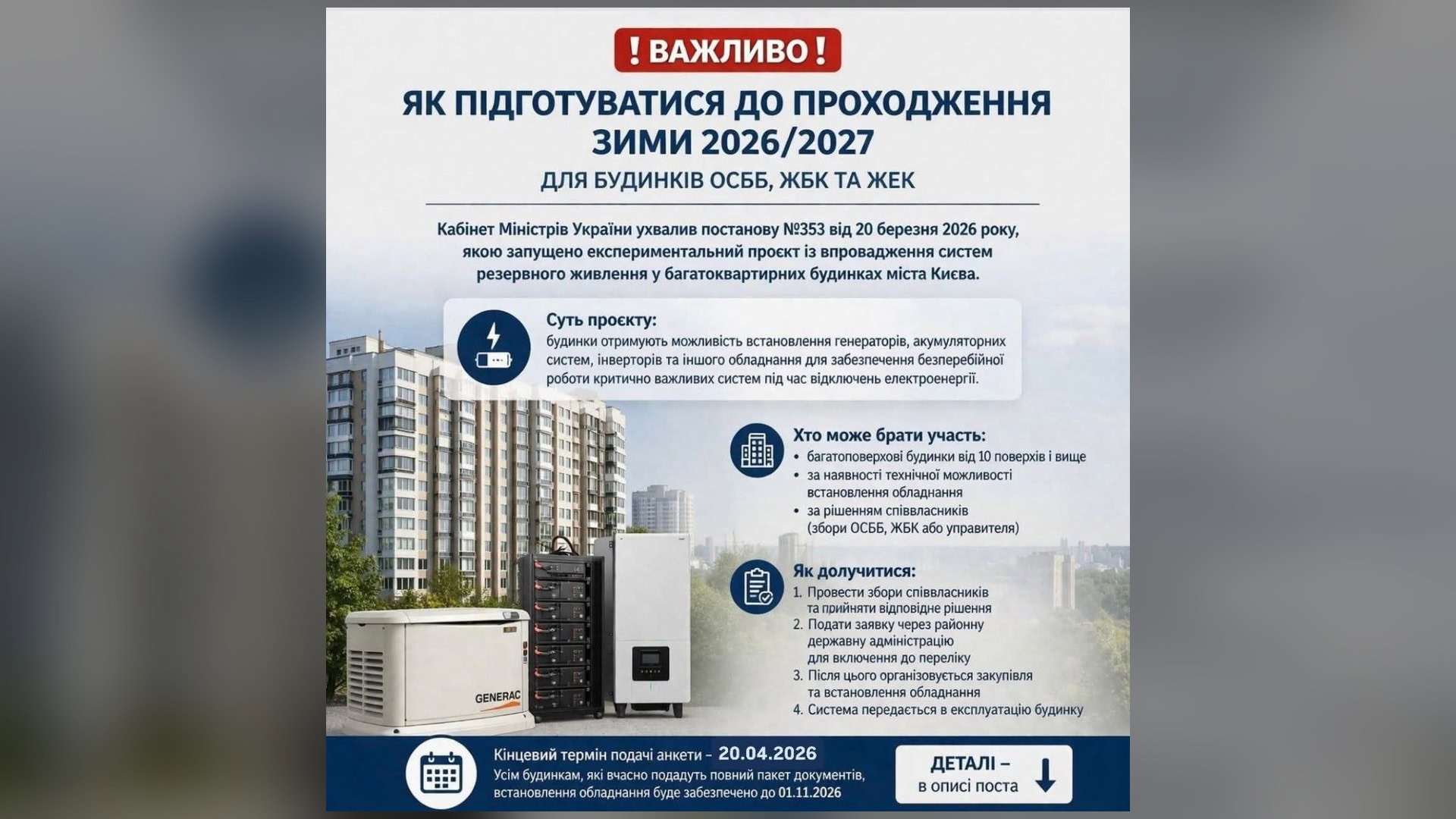 Інфографіка про програму встановлення систем резервного живлення у багатоквартирних будинках Києва до зими 2026-2027