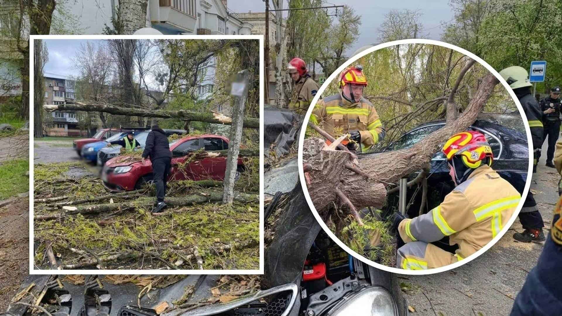 Рятувальники ДСНС у захисних шоломах розпилюють повалене дерево, що впало на автомобіль під час шквального вітру в Україні 26 квітня 2026 року