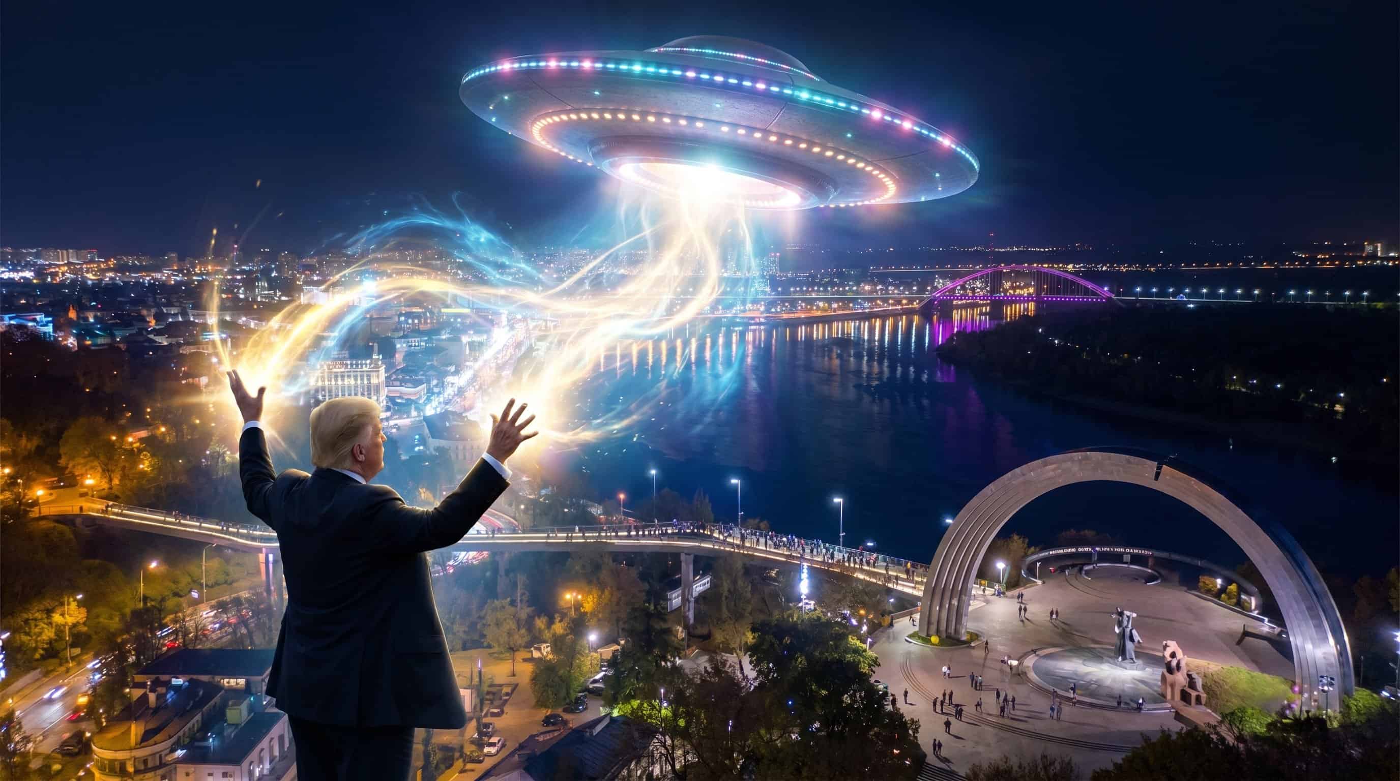 Силует Дональда Трампа на тлі нічного Києва з ілюстрацією НЛО над Дніпром та Аркою свободи українського народу