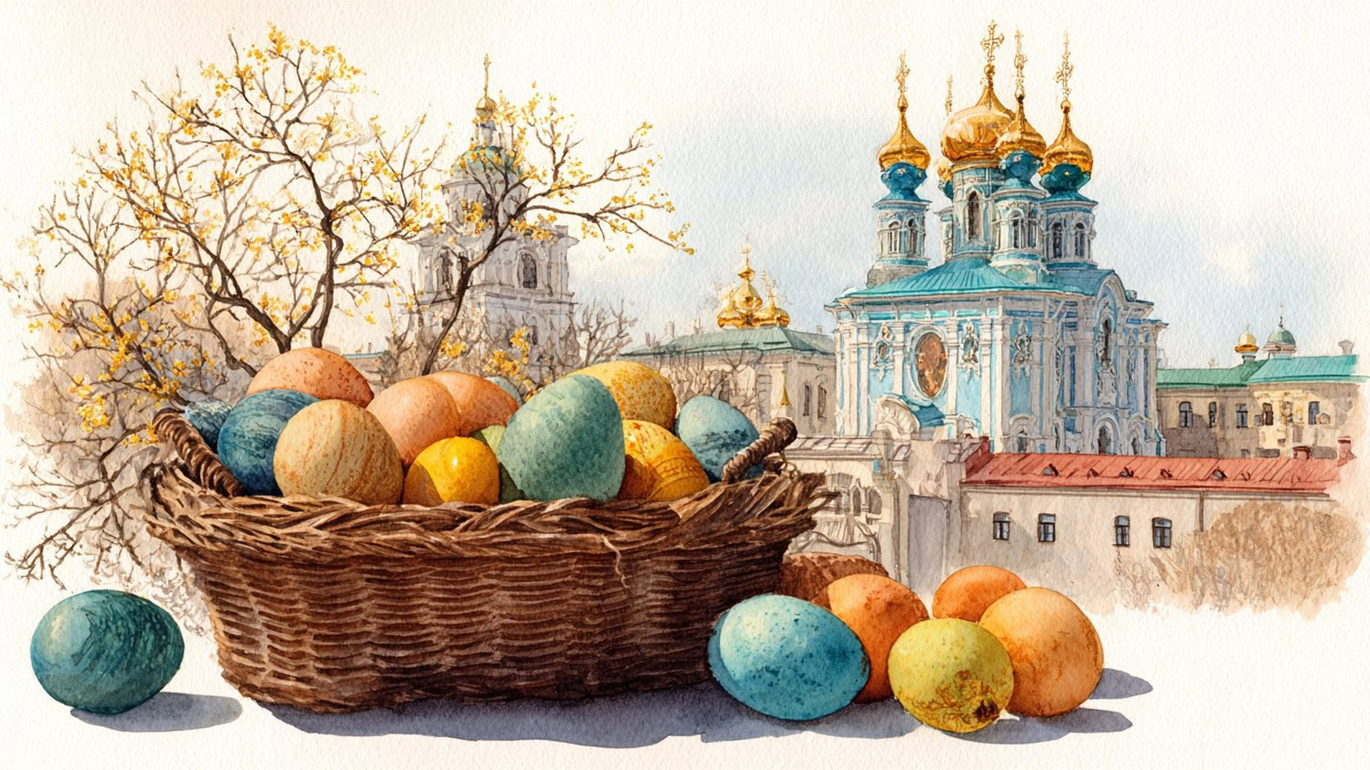Пасхальний кошик із барвистими писанками на тлі православного храму з золотими банями — святкування Великодня 2026 року